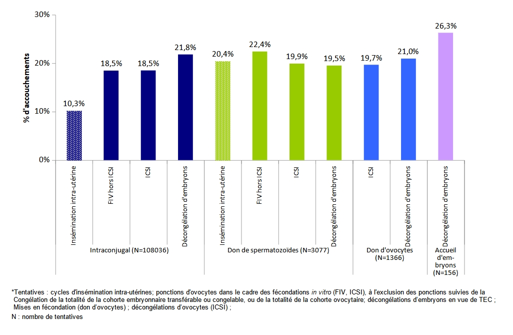 Figure AMP3. Taux d'accouchements après tentative* d'AMP selon la technique et l'origine des gamètes en 2020